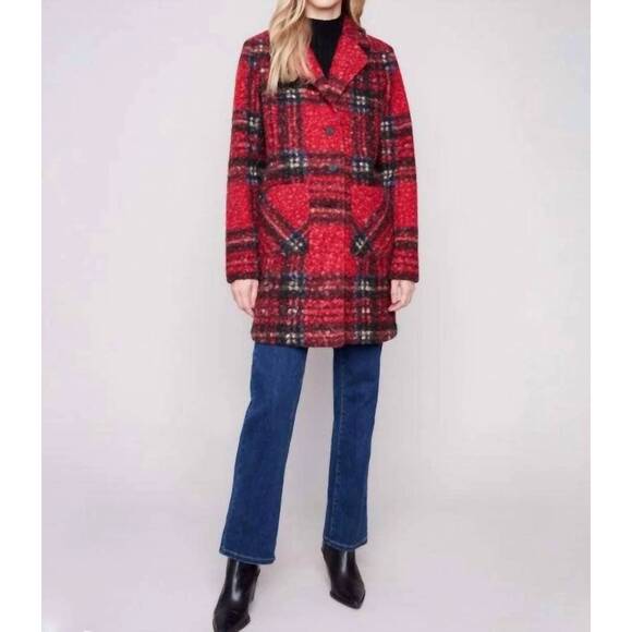 NEW CHARLIE B plaid boucle knit coat in red